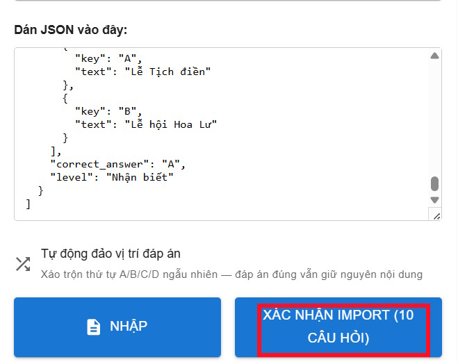 Xác nhận nhập câu hỏi JSON