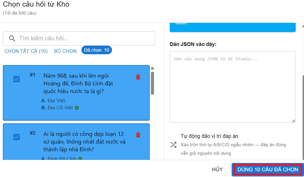 Chọn tất cả câu hỏi làm trò chơi nghiêng đầu