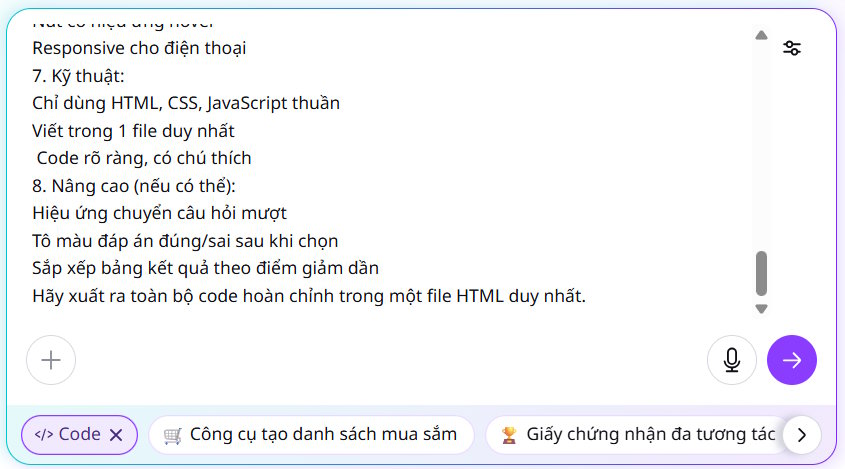 Code tạo trang web trắc nghiệm Canva AI