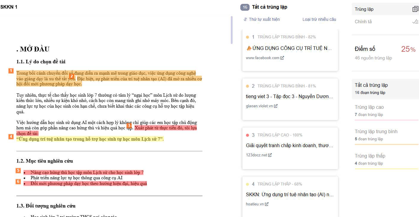 Kiểm tra nội dung trùng lặp SKKN