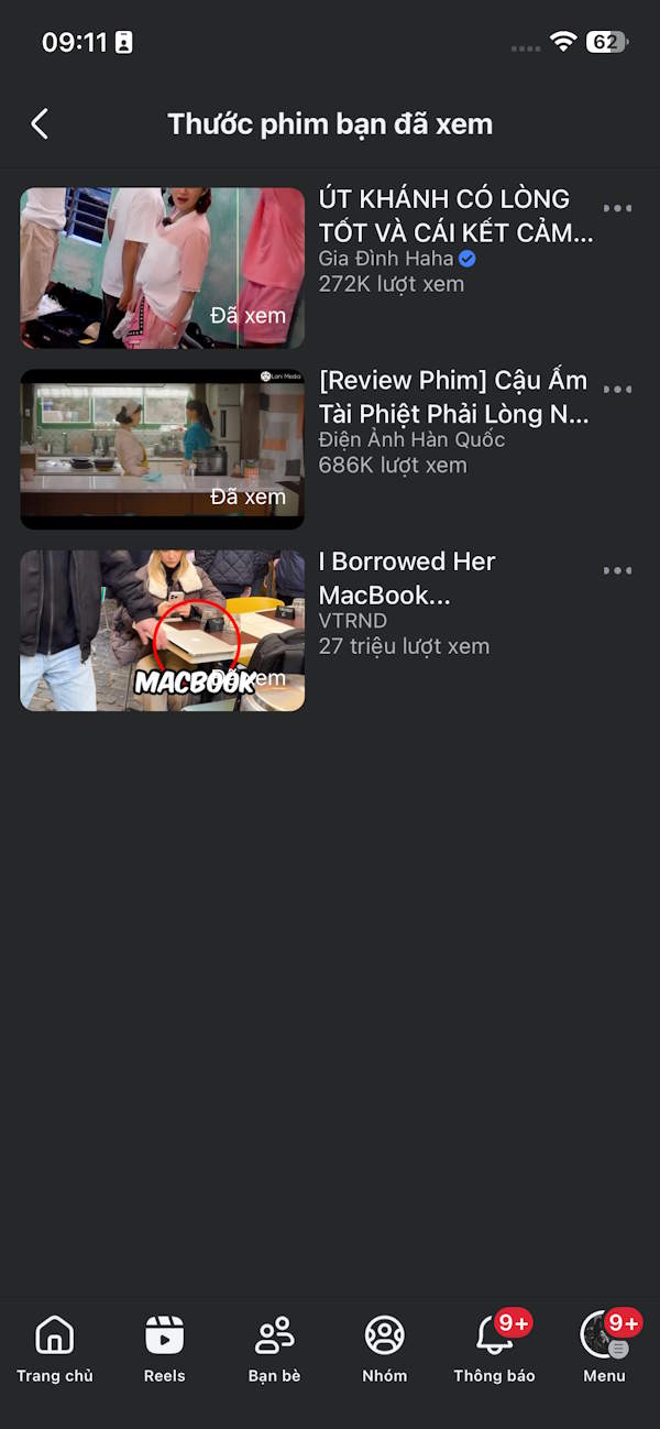 Danh sách video Facebook Reels đã xem 