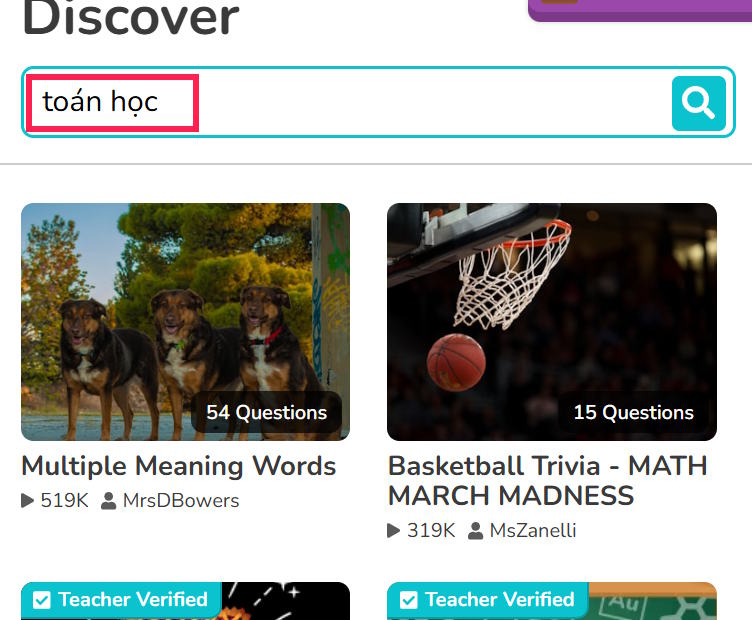 Môn học trên Blooket