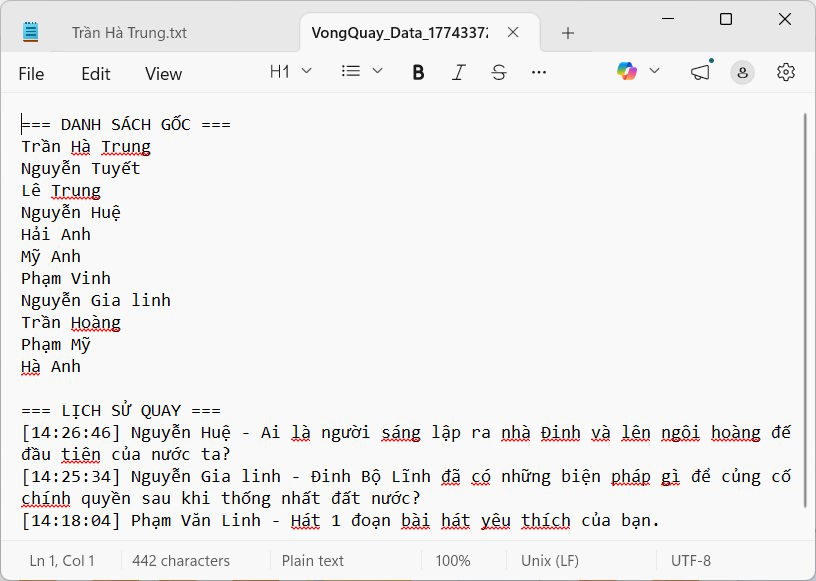 Dữ liệu lịch sử vòng quay gọi tên trên Gemini