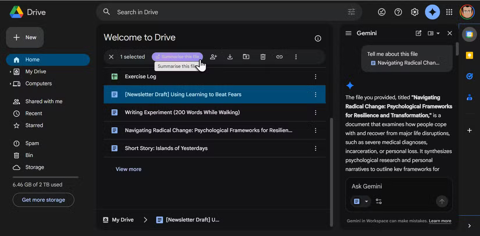 Tổng quan AI của Google Drive về một file đã chọn