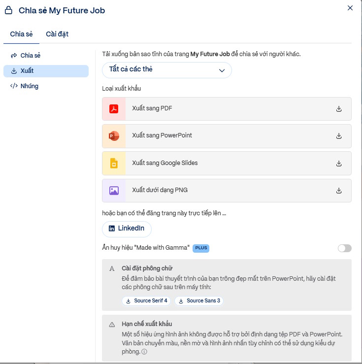 Chọn định dạng xuất slide trên Gamma AI