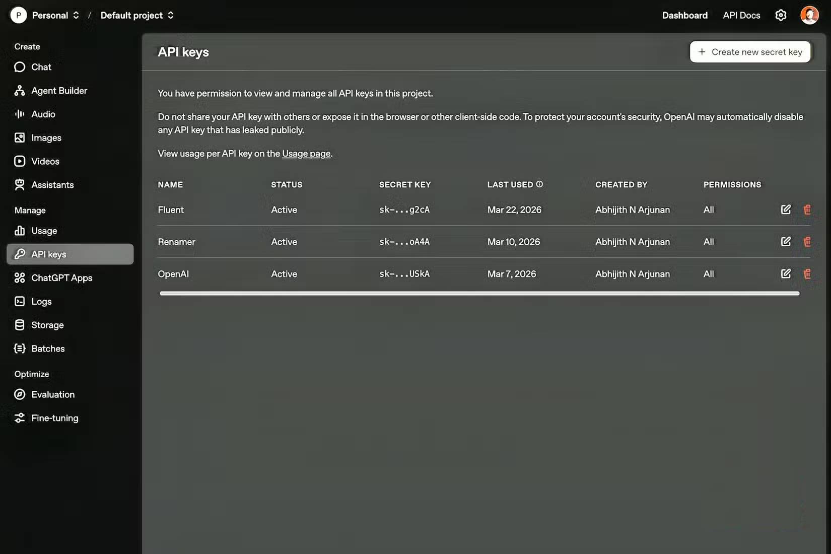 Các tùy chọn điều khiển cho API key