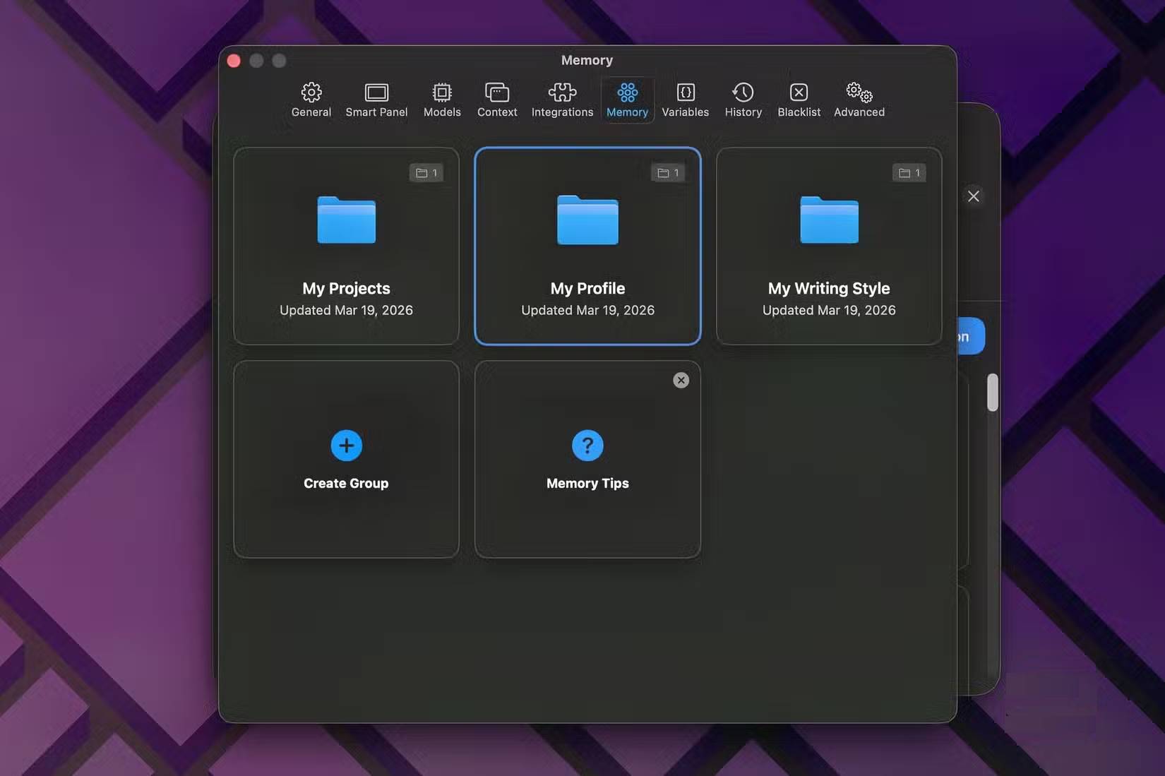 Cửa sổ Fluent hiển thị các tùy chọn để tùy chỉnh cách hoạt động của bộ nhớ