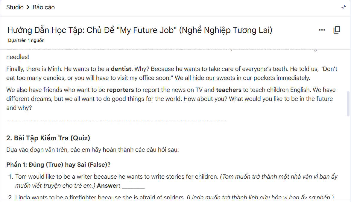 Bài đọc hiểu trên NotebookLM