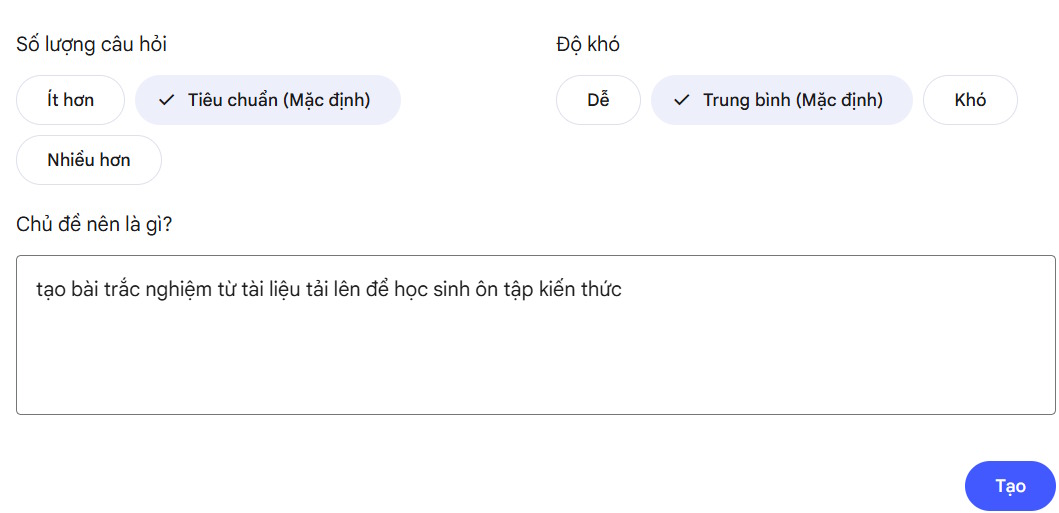 Nội dung tạo bài kiểm tra trên NotebookLM