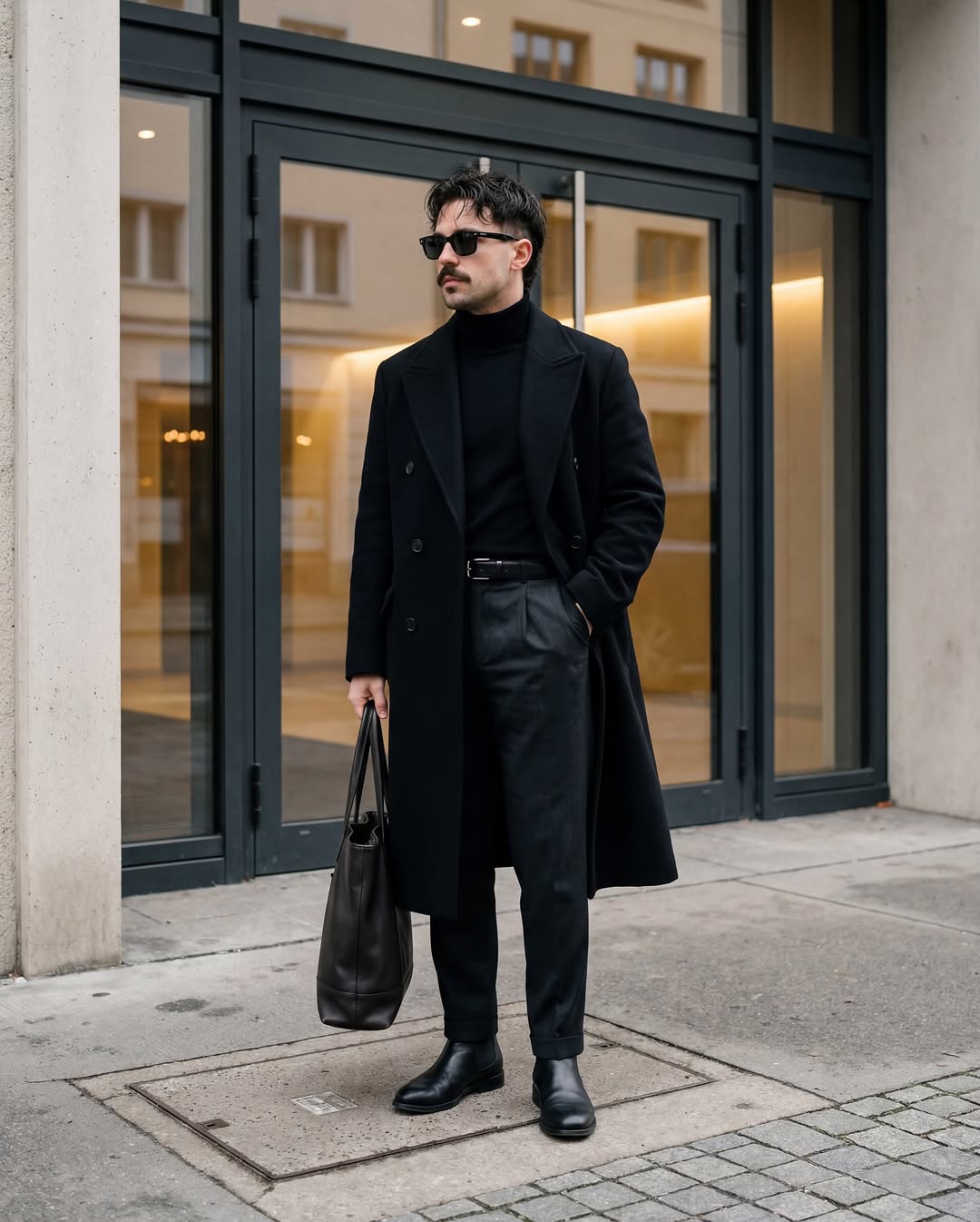 Một người đàn ông mặc áo khoác dài đen và áo cổ lọ đứng trước cửa kính