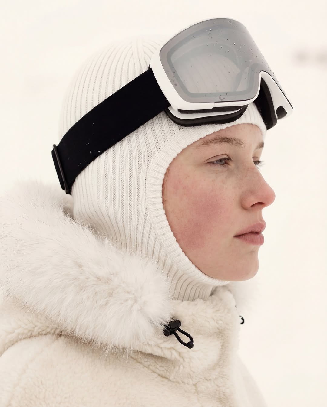 Người mẫu cho trang phục trượt tuyết DIOR trước những ngọn núi phủ tuyết