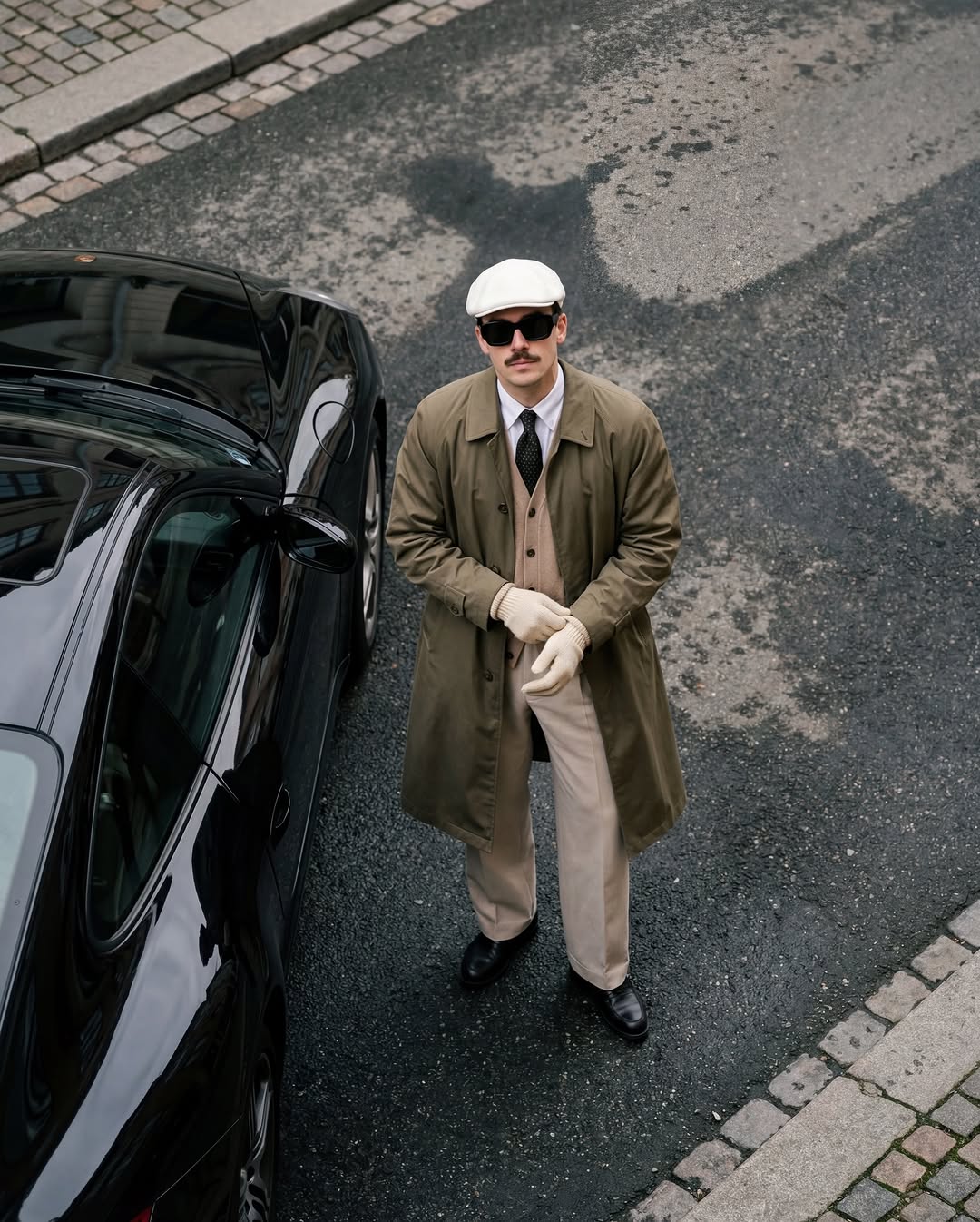 Ảnh một người đàn ông đứng cạnh một chiếc xe màu đen nhìn từ trên cao