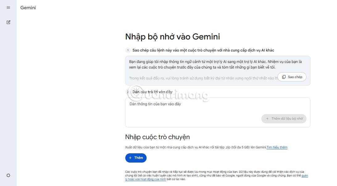Tùy chọn nhập bộ nhớ trong Google Gemini