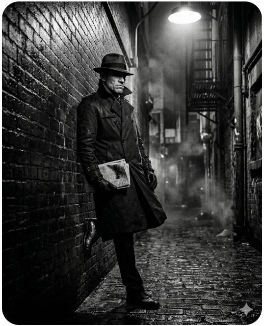 Thám tử dựa vào tường gạch trong hẻm