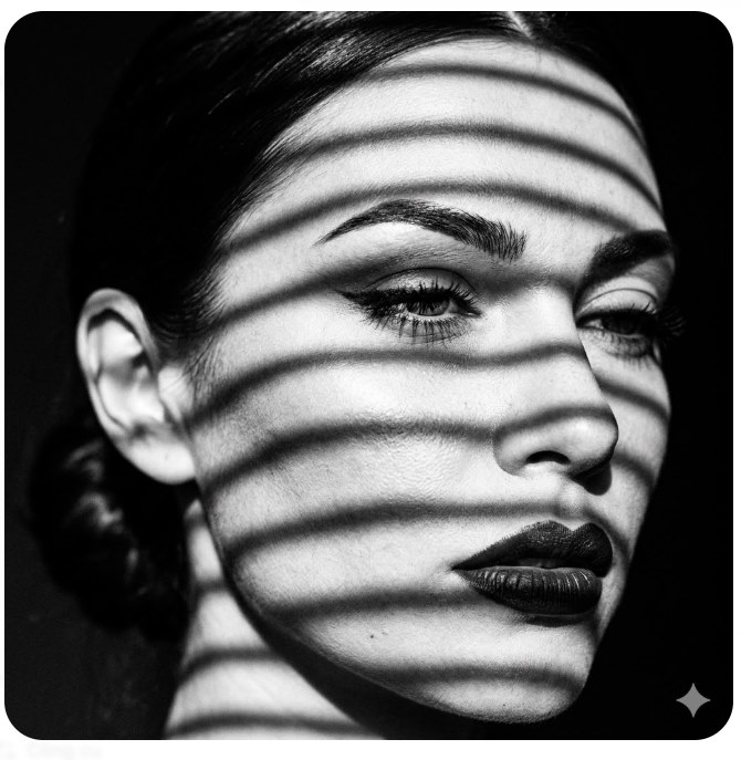 Cận cảnh khuôn mặt người phụ nữ với bóng rèm cửa kiểu Venice