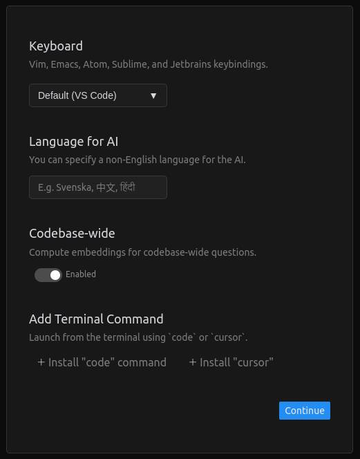 Màn hình cấu hình cài đặt của Cursor AI