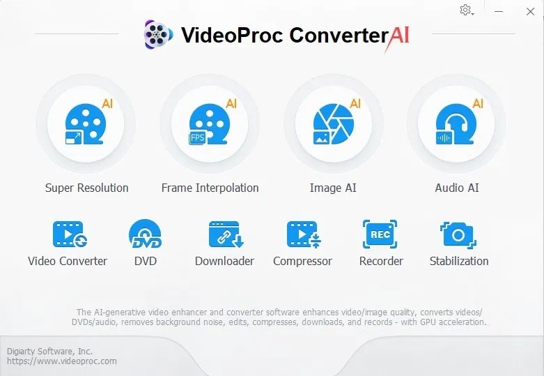 Màn hình chính của VideoProc Converter AI với tất cả các công cụ được liệt kê