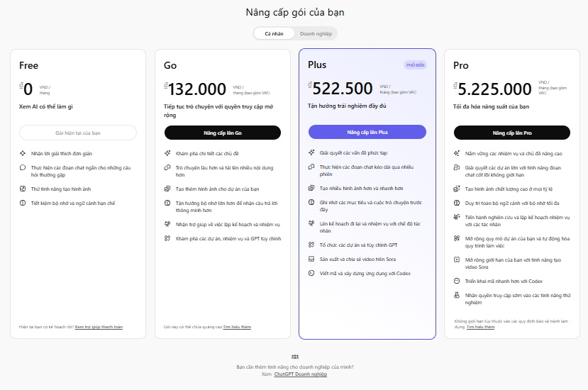 Trang chủ ChatGPT với tùy chọn nâng cấp gói được đánh dấu trong bảng điều khiển bên cạnh