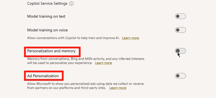 Tắt thiết lập hóa cá nhân trên Copilot