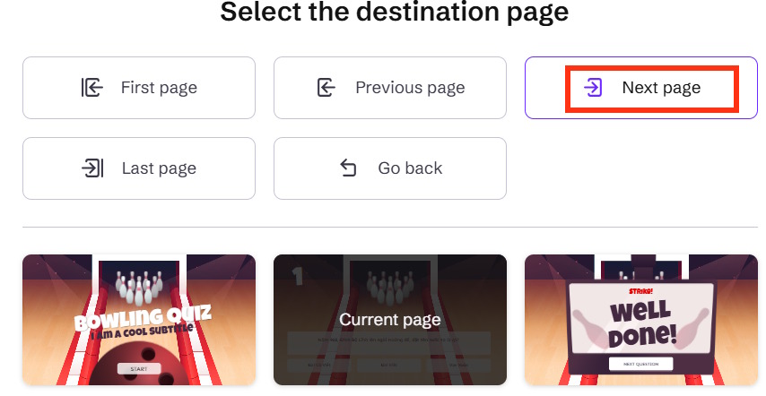 Phương án đúng trò chơi bowling trên Genially