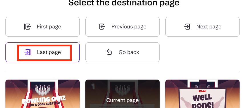 Phương án sai trò chơi bowling trên Genially
