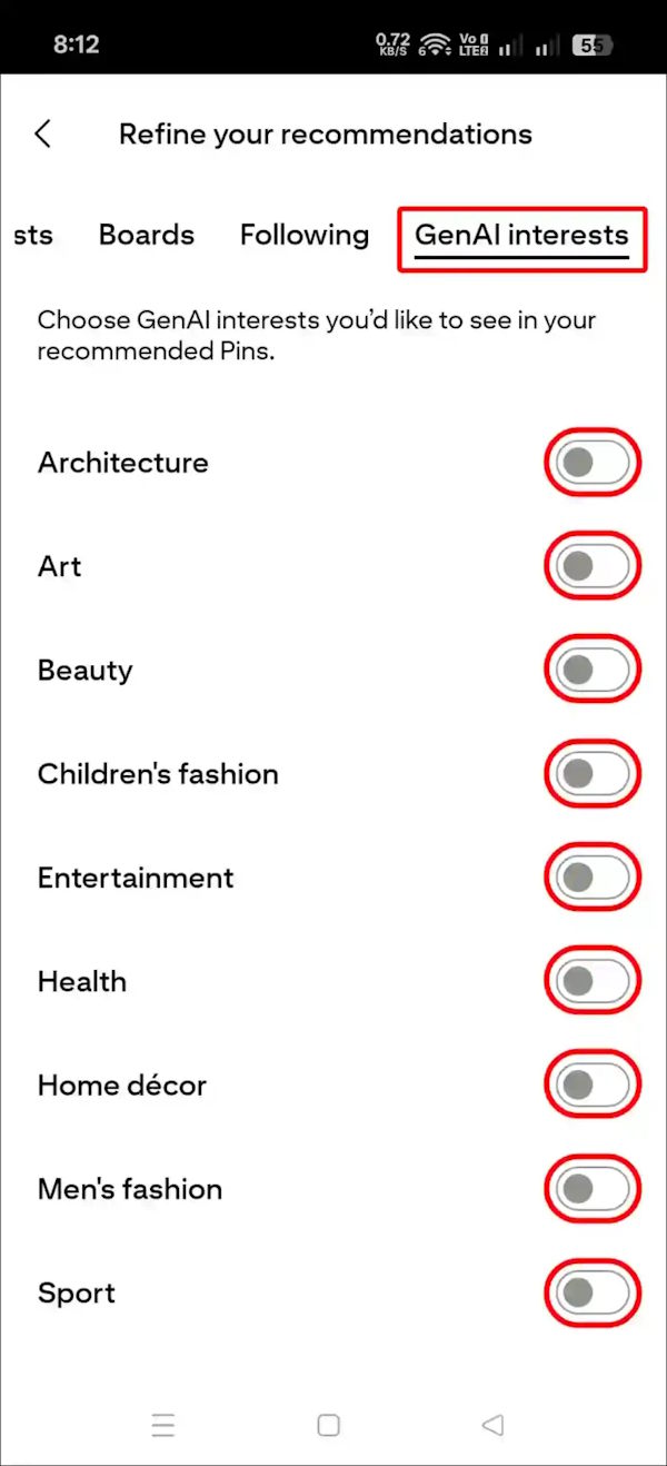 Tắt hình ảnh AI trên Pinterest điện thoại
