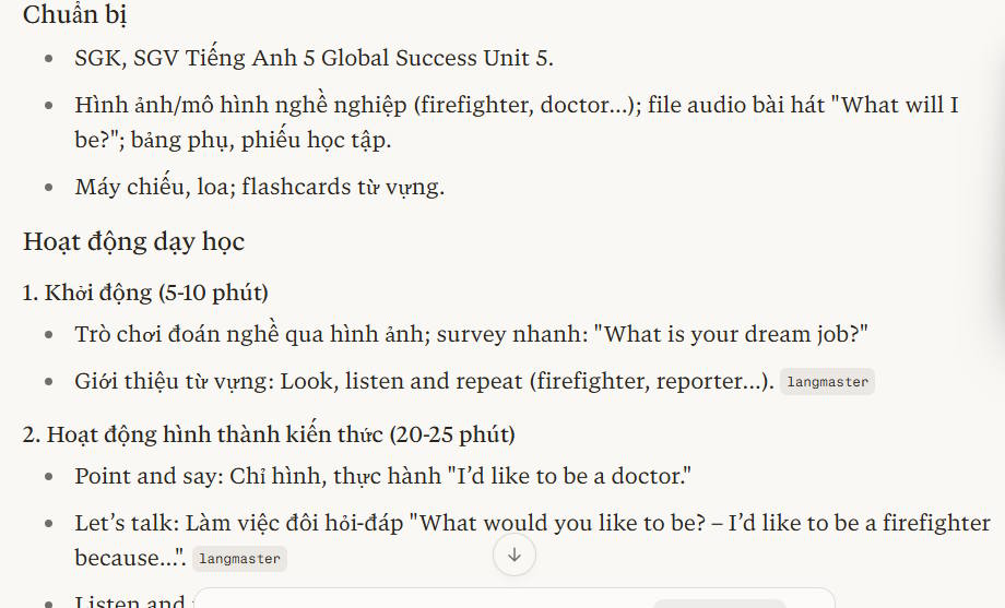 Phân chia nội dung giảng dạy trên Perplexity AI