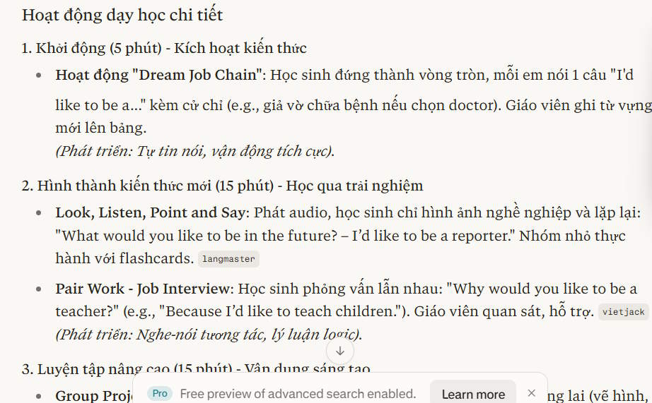 Nội dung giảng dạy trên Perplexity AI