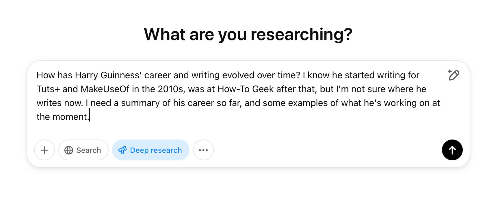 Một câu hỏi với tùy chọn ChatGPT Deep Research được chọn