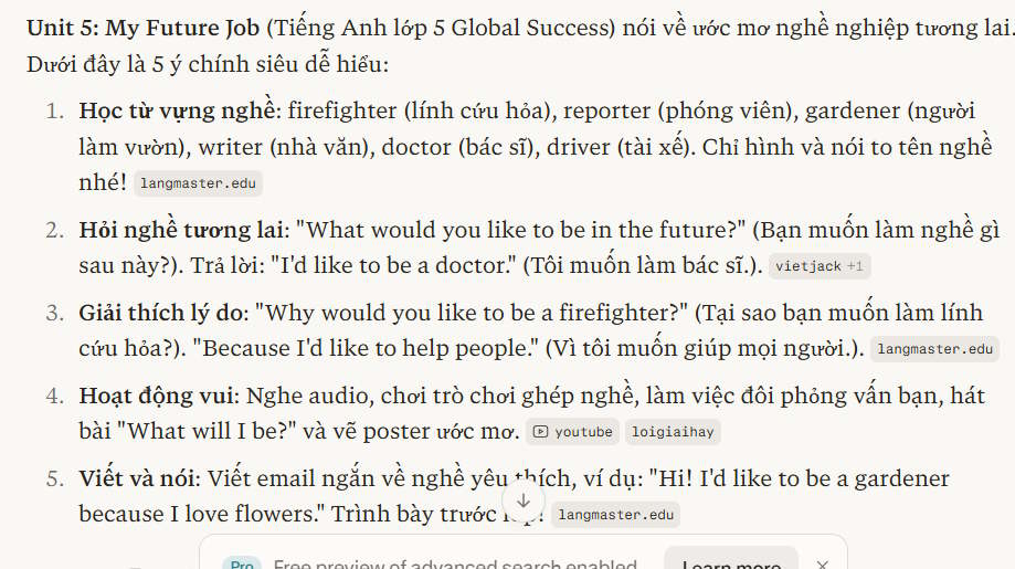 Nội dung tóm tắt 5 ý chính trên Perplexity AI