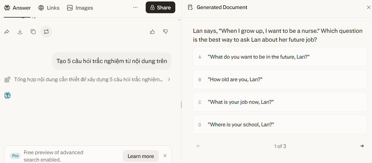 Tạo câu hỏi ôn tập nội dung trên Perplexity AI