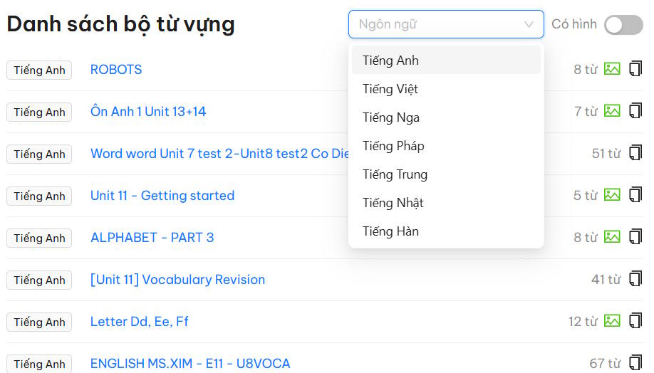 Chủ đề từ vựng trên YourHomework