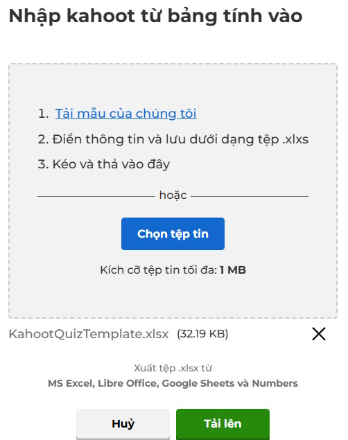 Tải file Excel lên Kahoot 