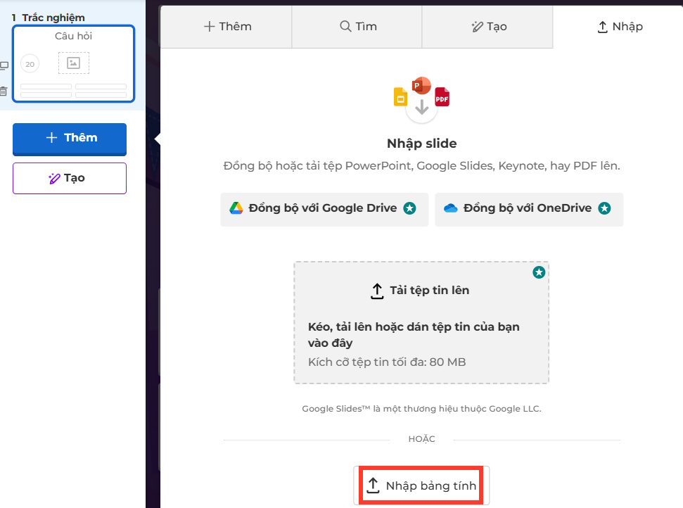 Nhập bảng tính trên Kahoot