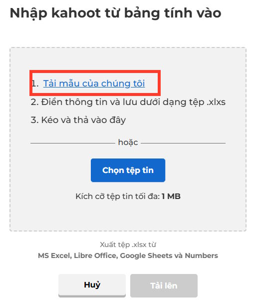 Tải mẫu bảng tính trên Kahoot