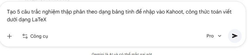 Lệnh tạo câu hỏi cho Kahoot trên Gemini