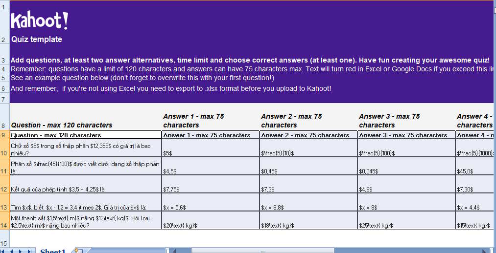 Bảng tính câu hỏi cho Kahoot trên Gemini