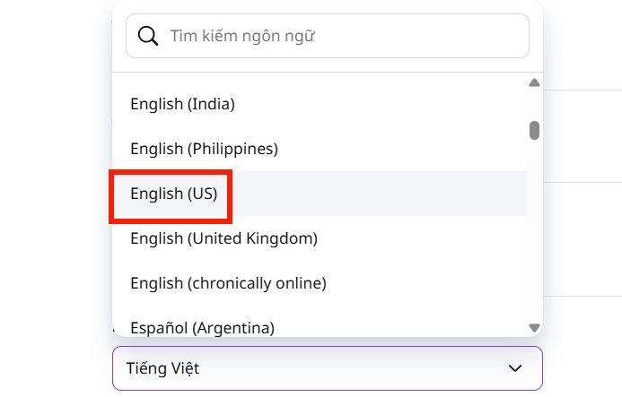Chọn ngôn ngữ tiếng Anh trên Canva 