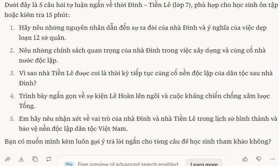 Perplexity AI tạo câu hỏi tự luận