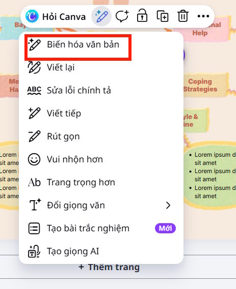 Biến hóa văn bản Magic Write cho sơ đồ tư duy trên Canva