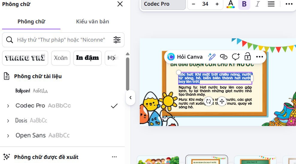 Chỉnh font trong slide tạo trên Canva AI
