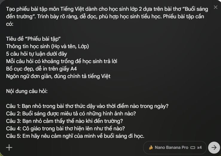 Prompt tạo phiếu bài tập trên Flow