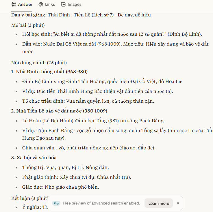 Hoàn thiện dàn ý chính bài giảng Perplexity