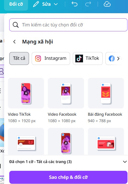 Chọn kích thước trên Canva