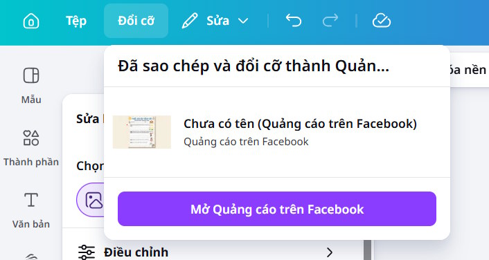 Mở hình ảnh đổi kích cỡ trên Canva