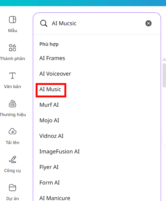 Tìm AI Music trên Canva 