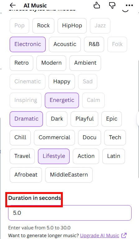 Chọn thời lượng nhạc AI Music trên Canva 