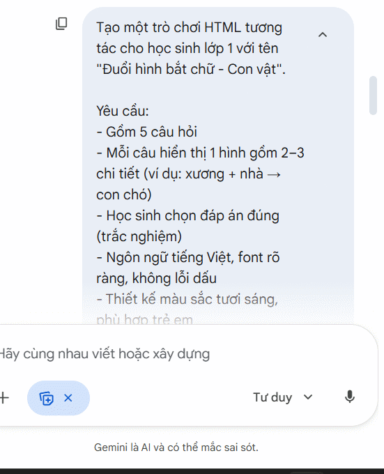 Promprt tạo trò chơi đuổi hình bắt chữ trên Gemini