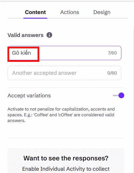 Nhập câu trả lời đúng
