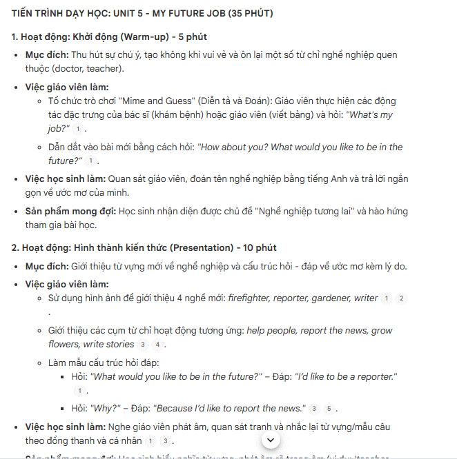 Prompt dành cho tiểu học xây dựng tiến trình dạy học trên NotebookLM